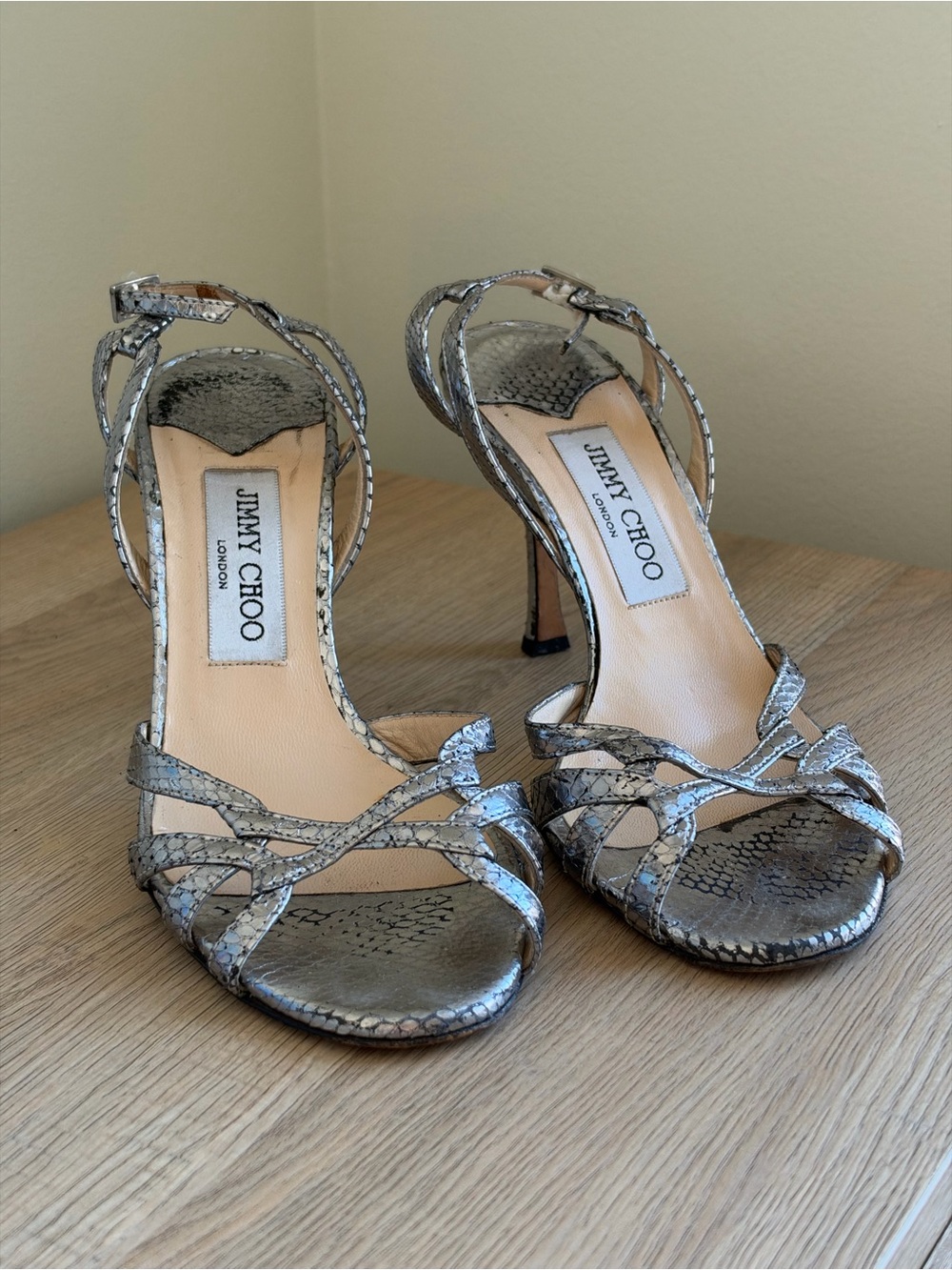 Jimmy Choo Metallic Silver Snakeskin Strappy High-Heel Sandals
